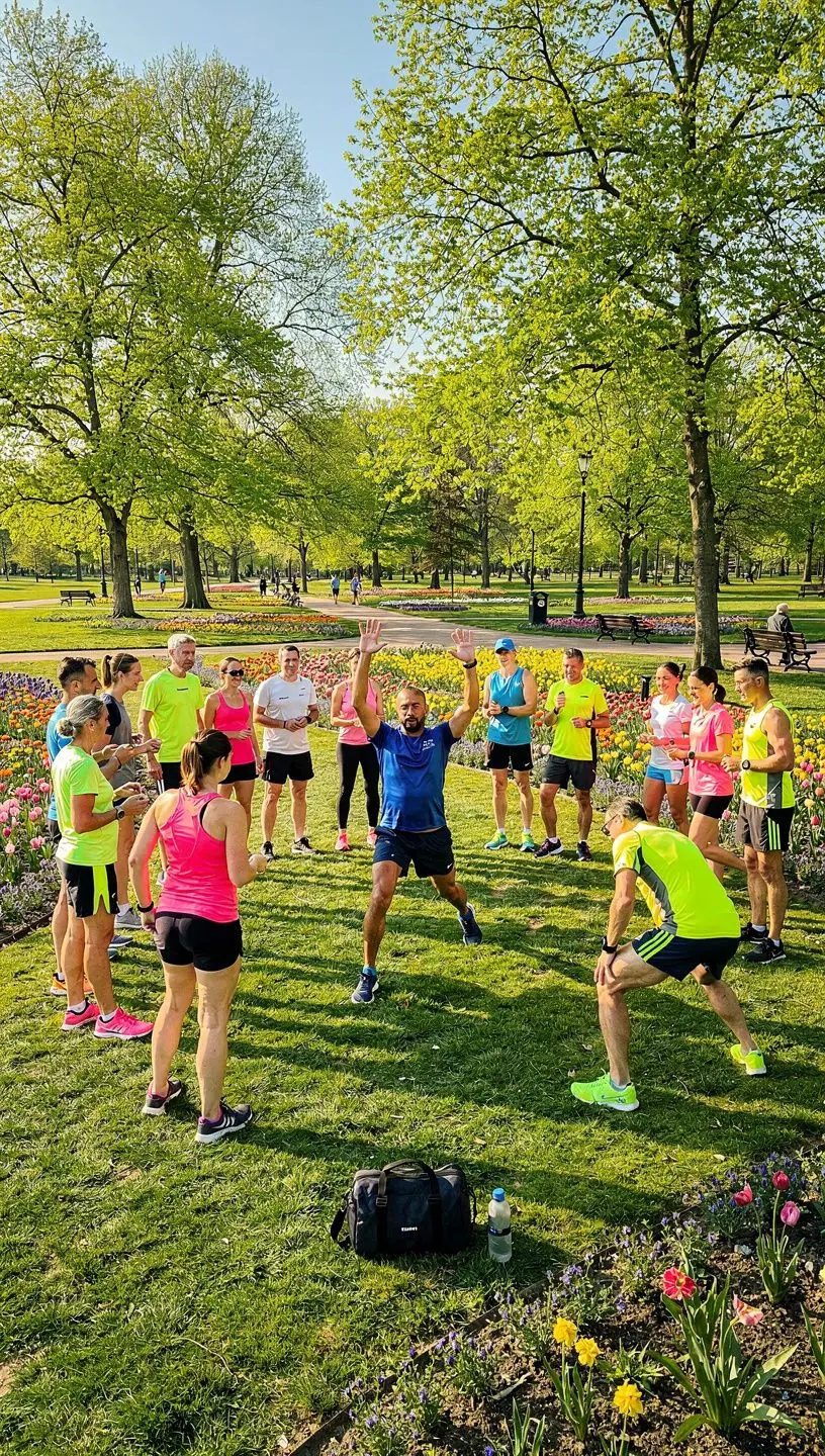 Skupina přátel sdílejících tipy na zdravý životní styl na pikniku v přírodě.